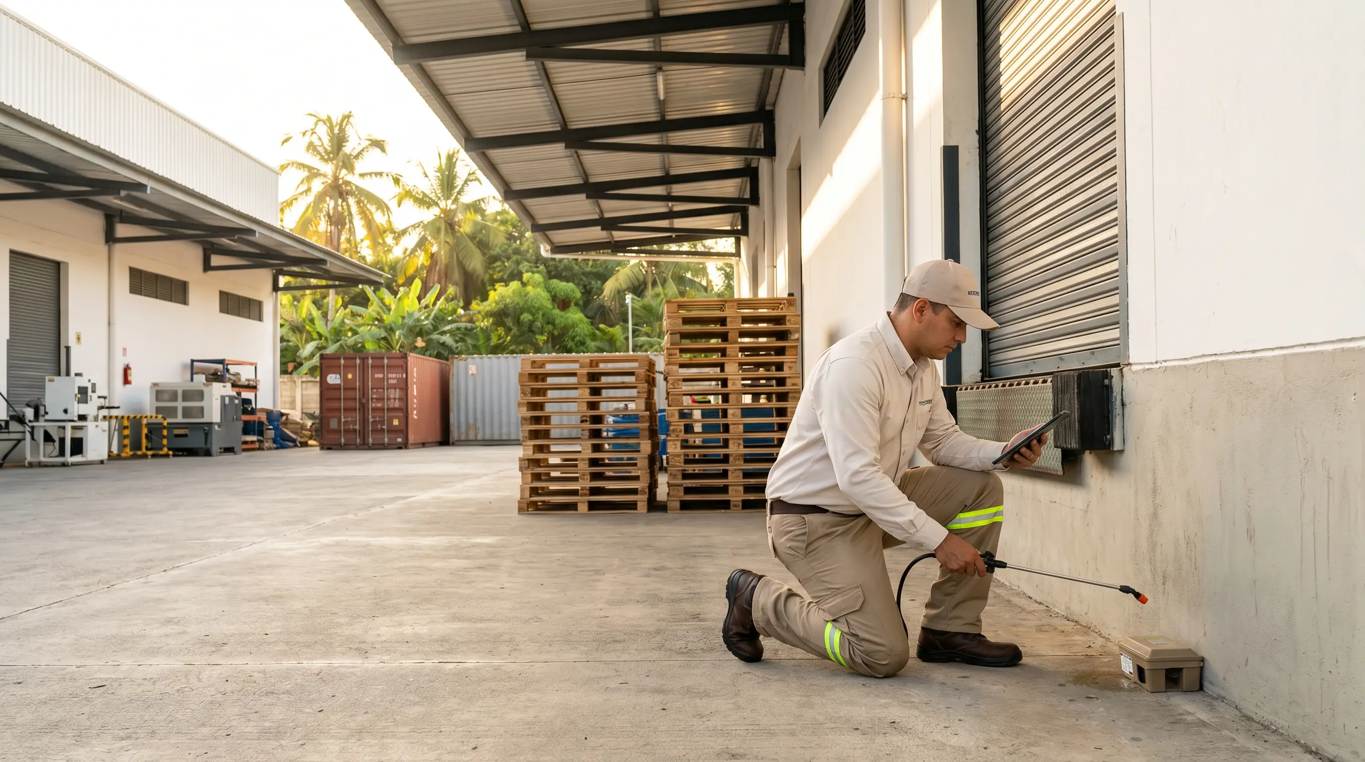 Técnico de Fumigaciones del Caribe realizando control preventivo industrial