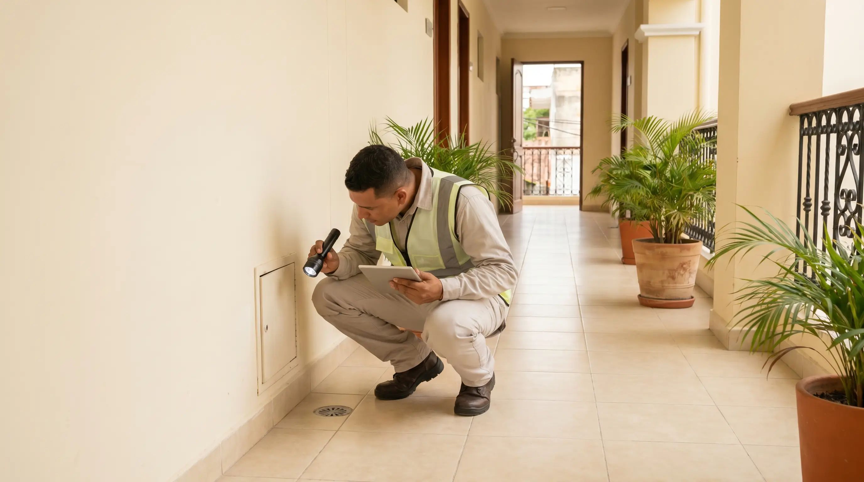 Técnico de Fumigaciones del Caribe realizando diagnóstico en edificio de Cartagena